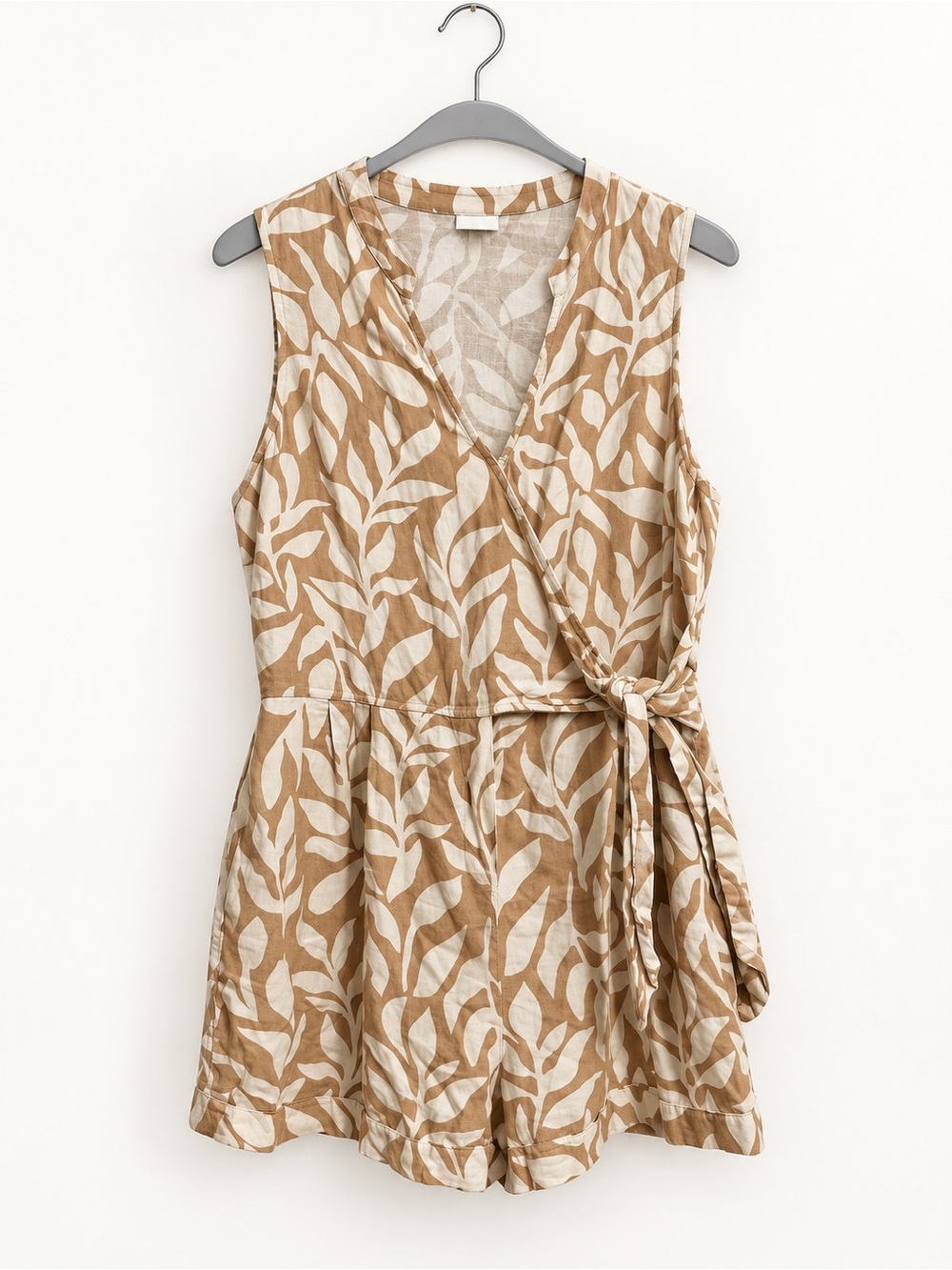 A New Day Tan & Cream Botanical Wrap Romper | Size L